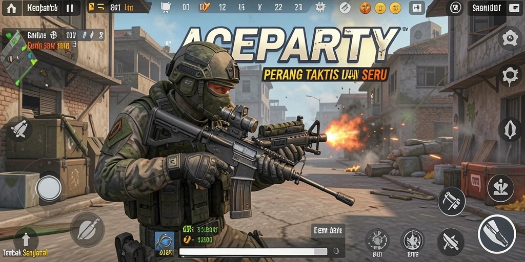 Antarmuka ACEPARTY menampilkan desain modern dan intuitif untuk game Tembak Senjata.