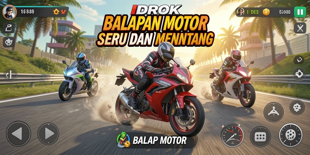 Tampilan antarmuka permainan IDROK dengan lintasan balap motor yang menarik.